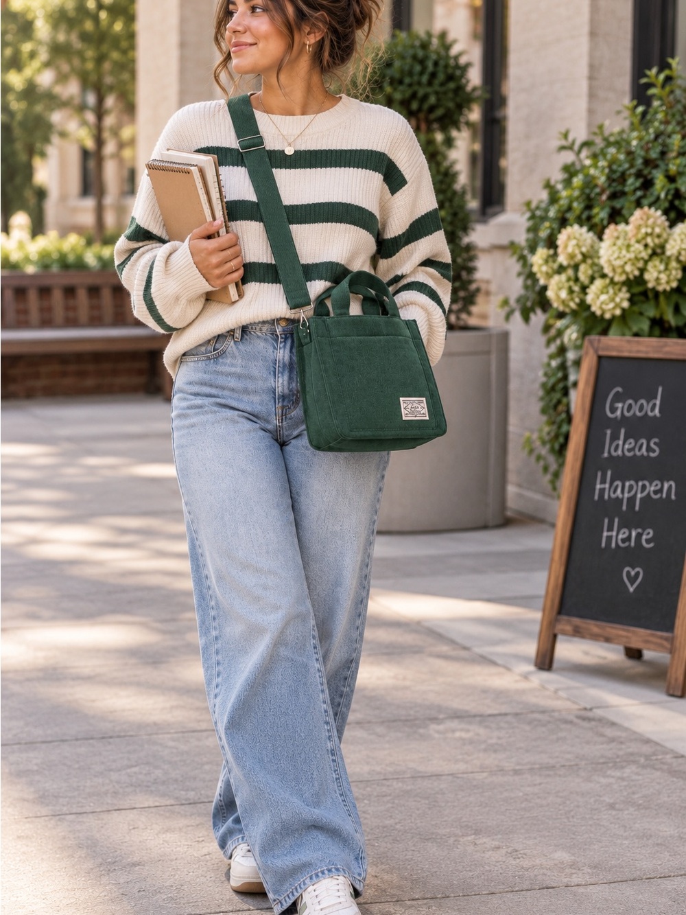 LETU Green Corduroy Mini Tote Crossbody Bag Adjustable Strap Casual Purse